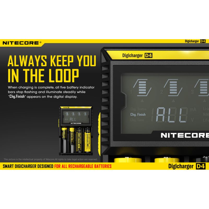Nitecore D4 Digicharger intelligentes Laden LCD-Anzeige kompatibel mit Li-Ion 18650 14500 Ni-MH Batterien
