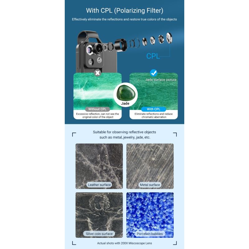 APEXEL Mikroskopobjektiv 200-fache Vergrößerung CPL LED für iPhone Samsung Smartphones hochauflösende Bilder