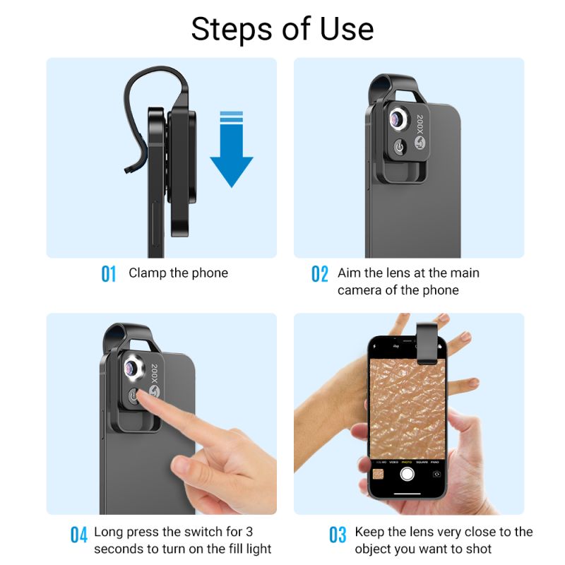 APEXEL Mikroskopobjektiv 200-fache Vergrößerung CPL LED für iPhone Samsung Smartphones hochauflösende Bilder