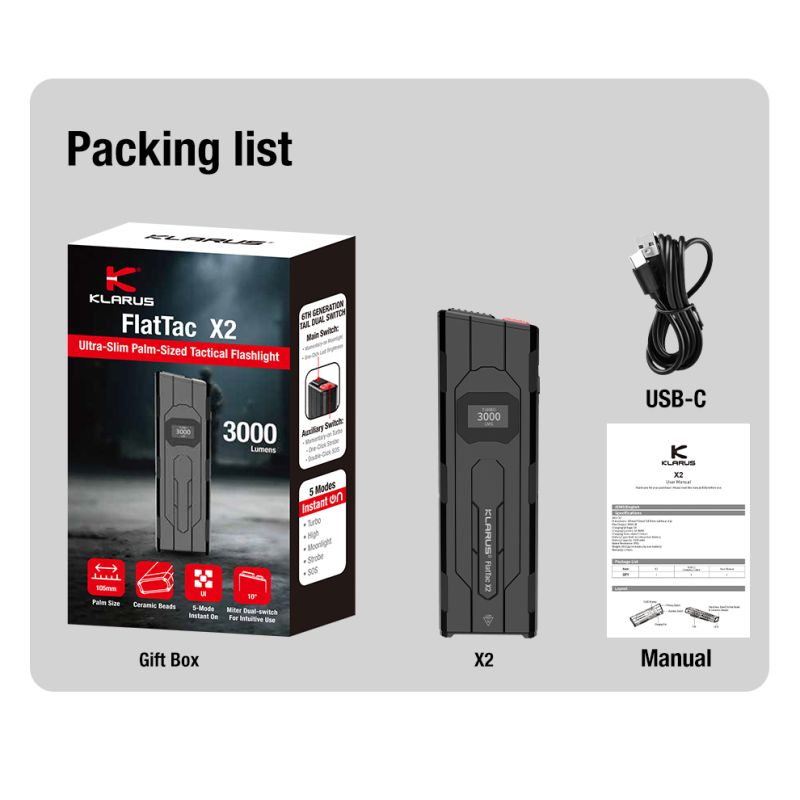 Klarus X2 Ultrdünne taktische Taschenlampe EDC, USB-C wiederaufladbar, 3000 Lumen, kompakte, kraftvolle Lampe