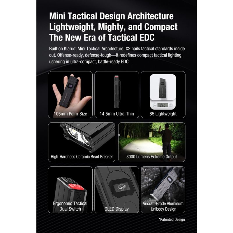 Klarus X2 Ultrdünne taktische Taschenlampe EDC, USB-C wiederaufladbar, 3000 Lumen, kompakte, kraftvolle Lampe