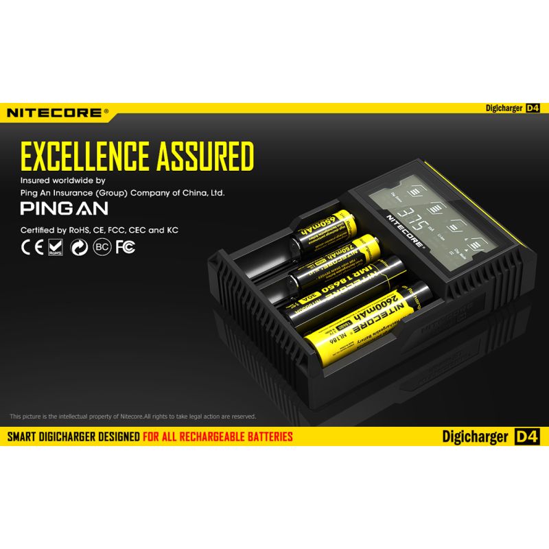 Nitecore D4 Digicharger intelligentes Laden LCD-Anzeige kompatibel mit Li-Ion 18650 14500 Ni-MH Batterien