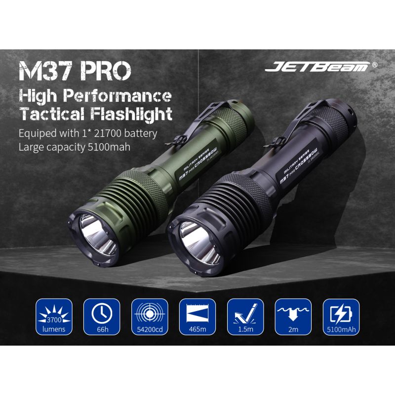 JETBEAM M37 PRO taktische Hochleistungs-Taschenlampe 3700 Lumen, 340m Reichweite, Fensterbrecher, IPX8, 21700