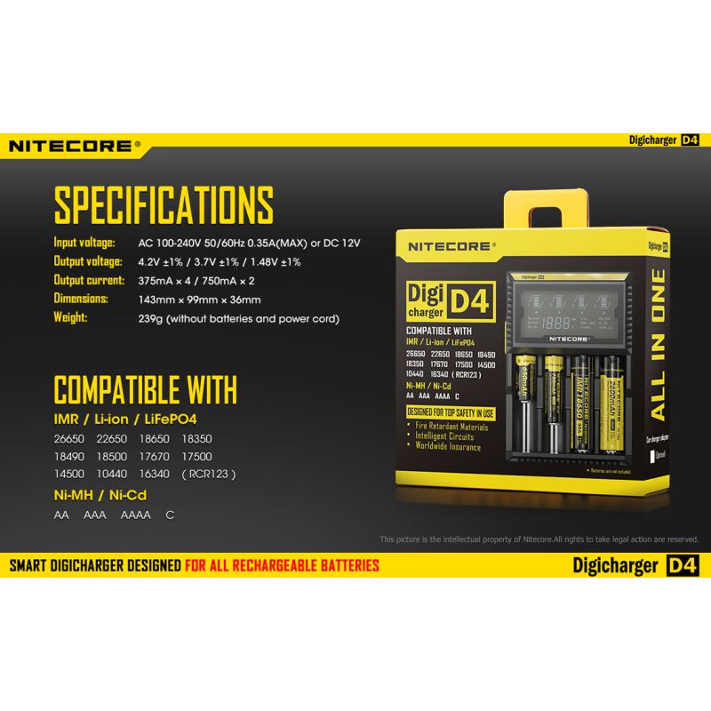 Nitecore D4 Digicharger intelligentes Laden LCD-Anzeige kompatibel mit Li-Ion 18650 14500 Ni-MH Batterien