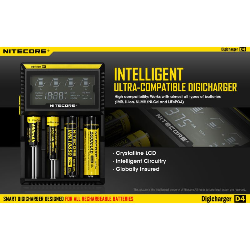Nitecore D4 Digicharger intelligentes Laden LCD-Anzeige kompatibel mit Li-Ion 18650 14500 Ni-MH Batterien