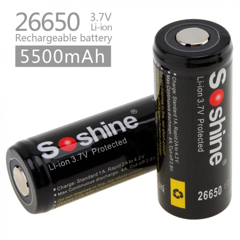 Soshine 26650 5500mAh Li-Ion wiederaufladbare Batterien 2-Pack hohe Leistung langlebig ideal für Taschenlampen