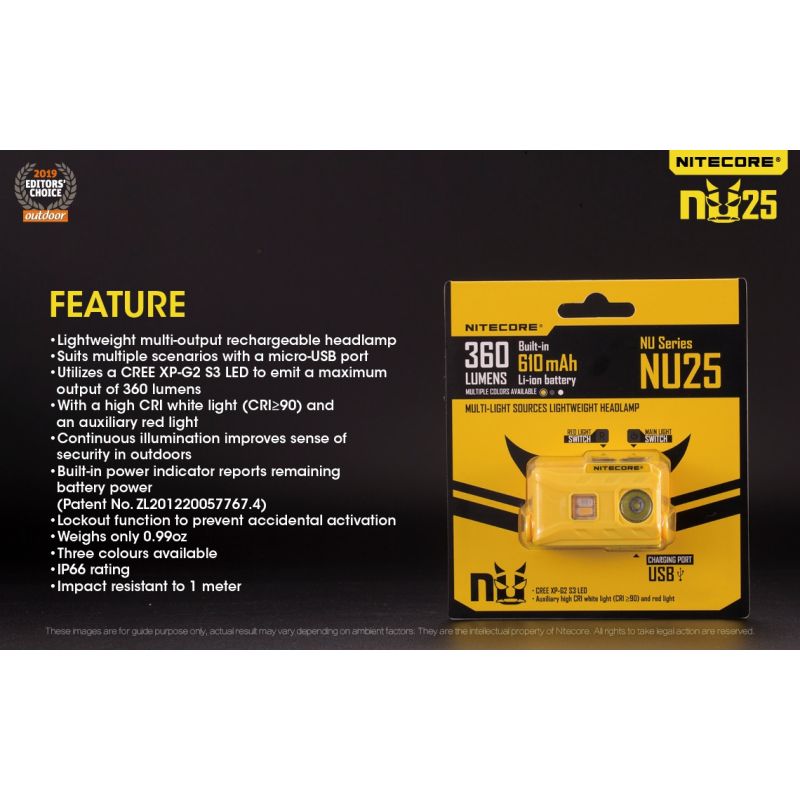 Nitecore NU25 XP-G2 S3 LED Stirnlampe 360 Lumen wiederaufladbar für Outdoor Beleuchtung und Abenteuer Zubehör