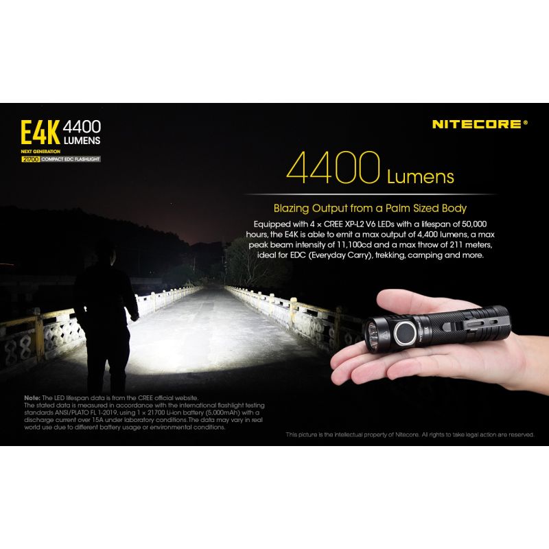 Nitecore E4K 4400 Lumen Taschenlampe Kompaktes Design EDC Taschenlampe Wasserdicht mit 21700 Batterie