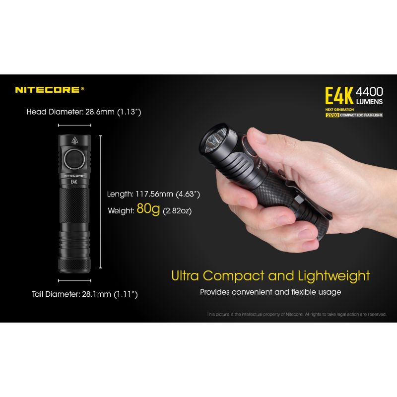 Nitecore E4K 4400 Lumen Taschenlampe Kompaktes Design EDC Taschenlampe Wasserdicht mit 21700 Batterie