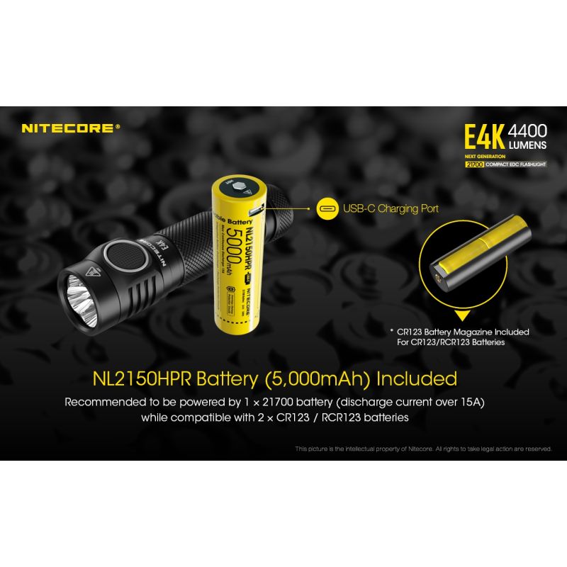 Nitecore E4K 4400 Lumen Taschenlampe Kompaktes Design EDC Taschenlampe Wasserdicht mit 21700 Batterie