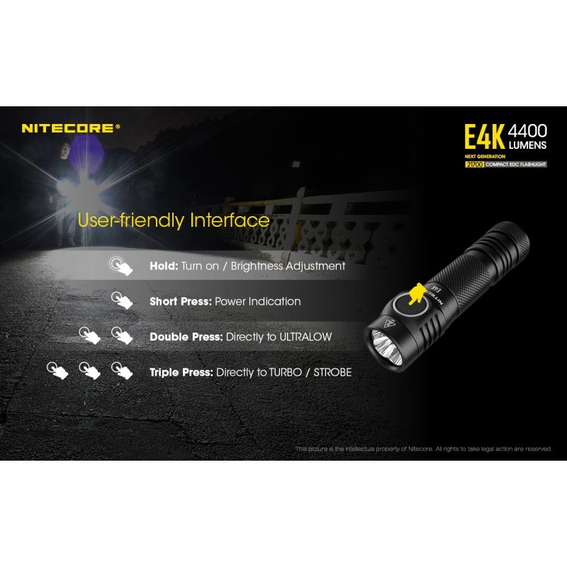 Nitecore E4K 4400 Lumen Taschenlampe Kompaktes Design EDC Taschenlampe Wasserdicht mit 21700 Batterie