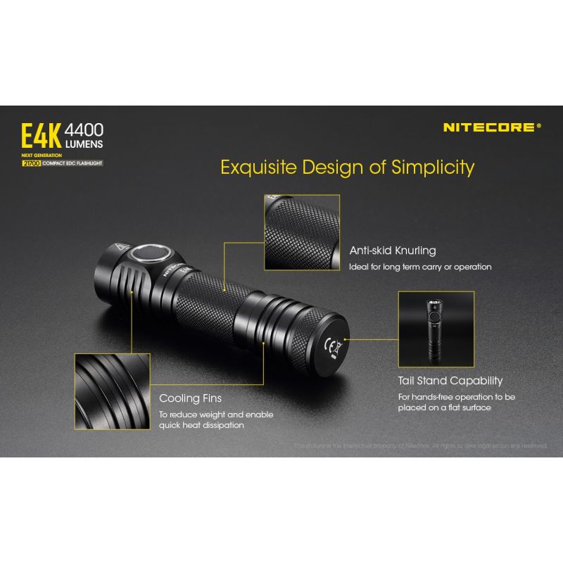 Nitecore E4K 4400 Lumen Taschenlampe Kompaktes Design EDC Taschenlampe Wasserdicht mit 21700 Batterie