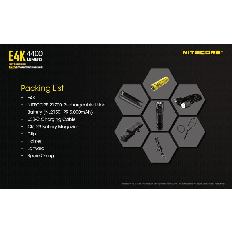 Nitecore E4K 4400 Lumen Taschenlampe Kompaktes Design EDC Taschenlampe Wasserdicht mit 21700 Batterie