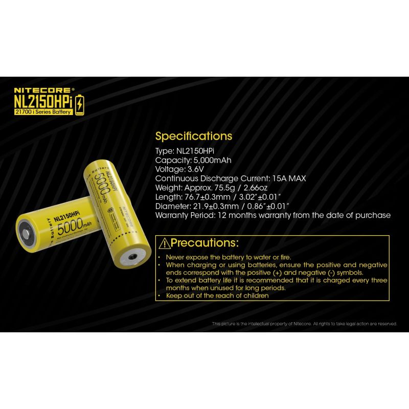 NITECORE NL2150HPi 5000mAh 3.6V Hochleistungsbatterie 21700 Li-Ion Akku für Elektronikgeräte und Taschenlampen