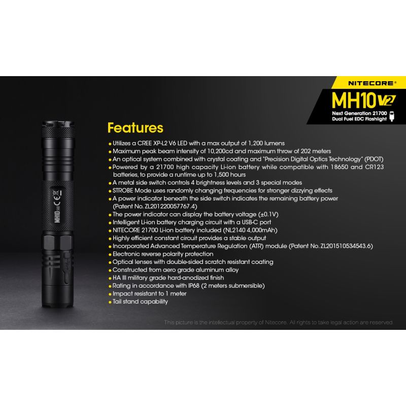 NITECORE MH10 V2 XP-L2 V6 LED-Taschenlampe 1200 Lumen USB-C Ladegerät kompakte langlebige Outdoor Beleuchtung