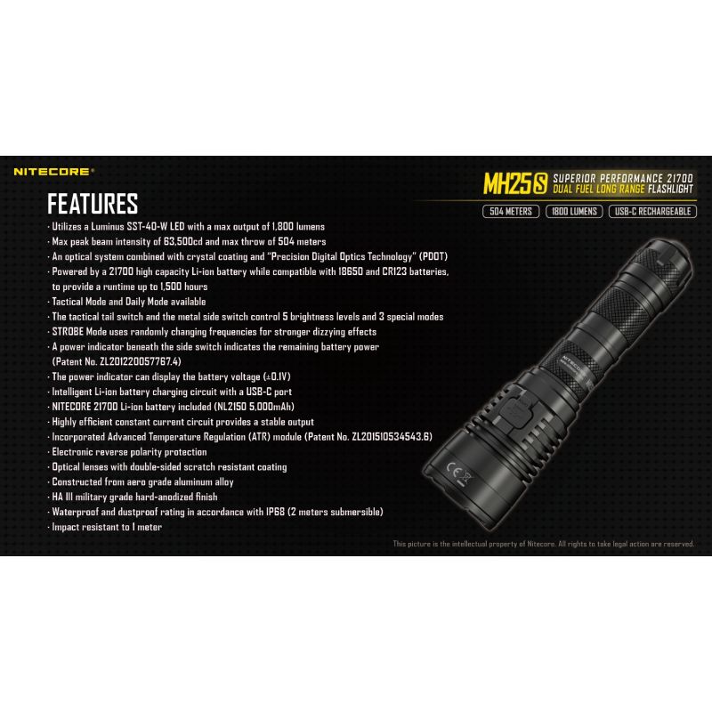 Nitecore MH25S 1800 Lumen LED-Taschenlampe Luminus SST-40 USB-C wiederaufladbar für Outdoor-Abenteuer
