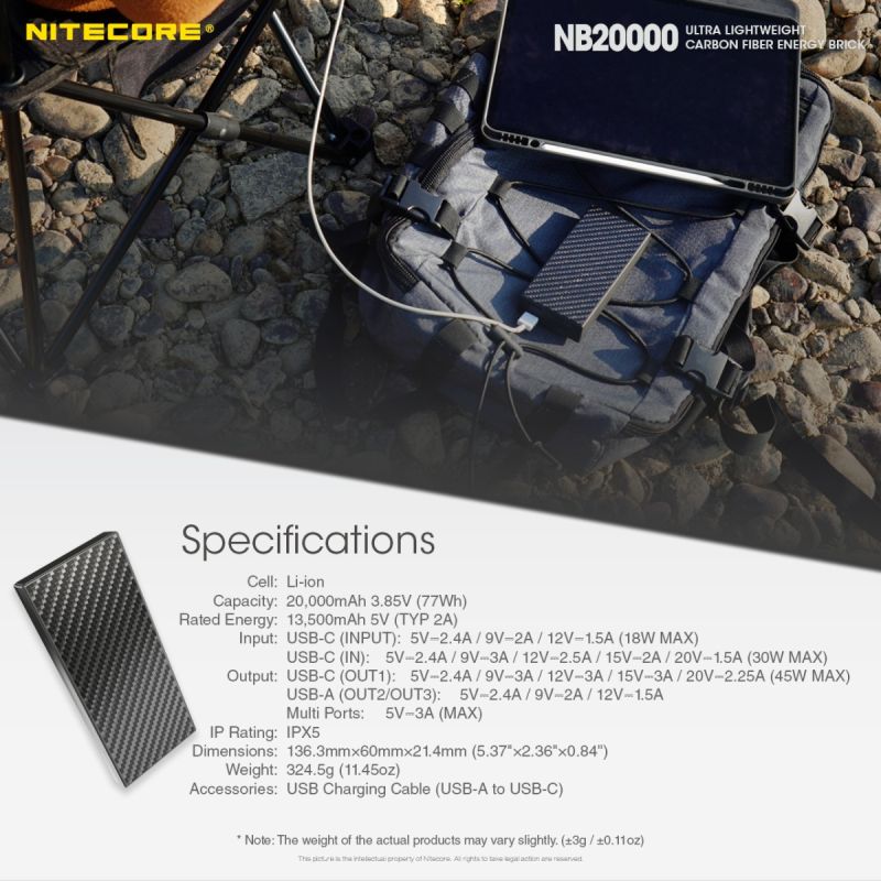 Nitecore NB20000 QC Powerbank 20000mAh Dual Port USB USB-C leicht langlebig für schnelles Laden unterwegs