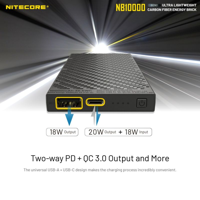 Nitecore NB10000 Gen II ultraflache Powerbank 10000mAh QC Schnellladefunktion USB-C Dual-Ausgänge leicht