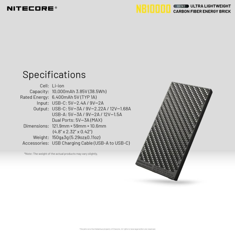 Nitecore NB10000 Gen II ultraflache Powerbank 10000mAh QC Schnellladefunktion USB-C Dual-Ausgänge leicht
