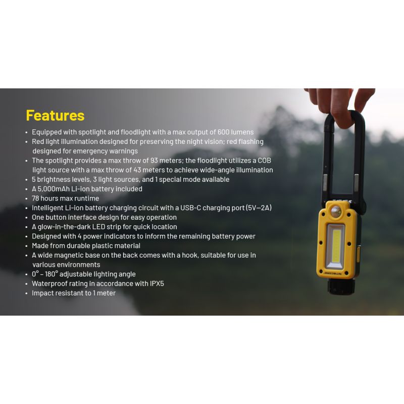 NITECORE NWL20 600 Lumen Multifunktions-Flutlicht Dreifachausgang tragbares Campinglicht für Outdoor-Abenteuer