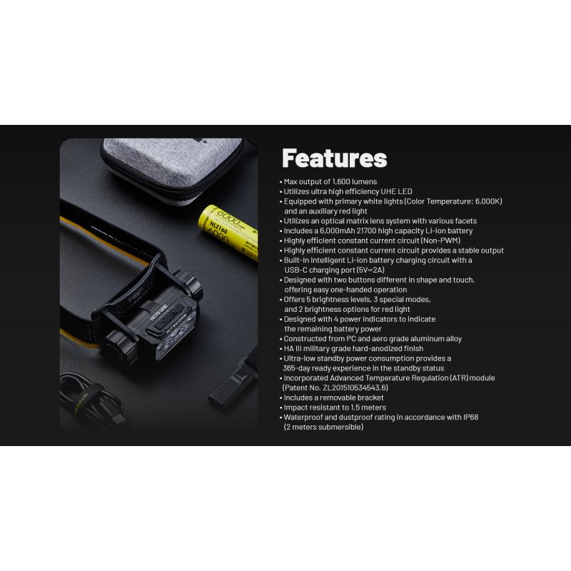 NITECORE HC70 UHE Arbeits-Stirnlampe USB-C wiederaufladbar 1600 Lumen ultrahohe Effizienz für Outdoor-Abenteuer