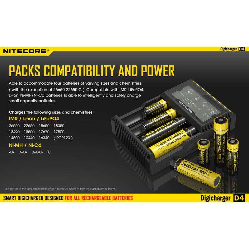 Nitecore D4 Digicharger intelligentes Laden LCD-Anzeige kompatibel mit Li-Ion 18650 14500 Ni-MH Batterien