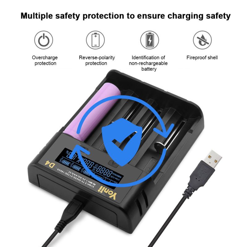 YONII D4 Akkuladegerät für 18650 21700 26650 Lithium AA AAA Ni-MH | Intelligentes 4-Schacht LCD Ladegerät | USB