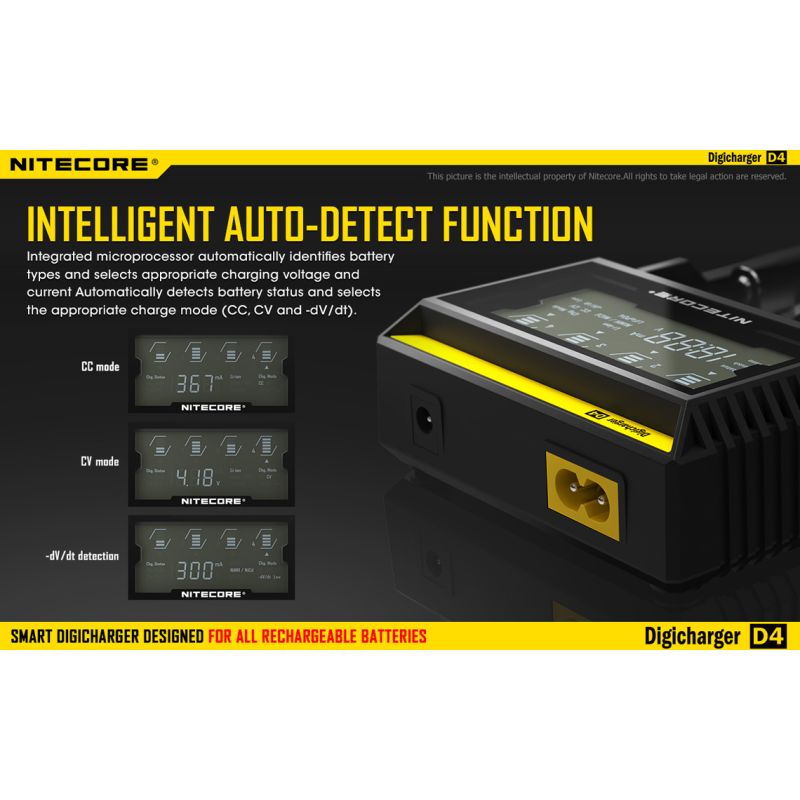 Nitecore D4 Digicharger intelligentes Laden LCD-Anzeige kompatibel mit Li-Ion 18650 14500 Ni-MH Batterien