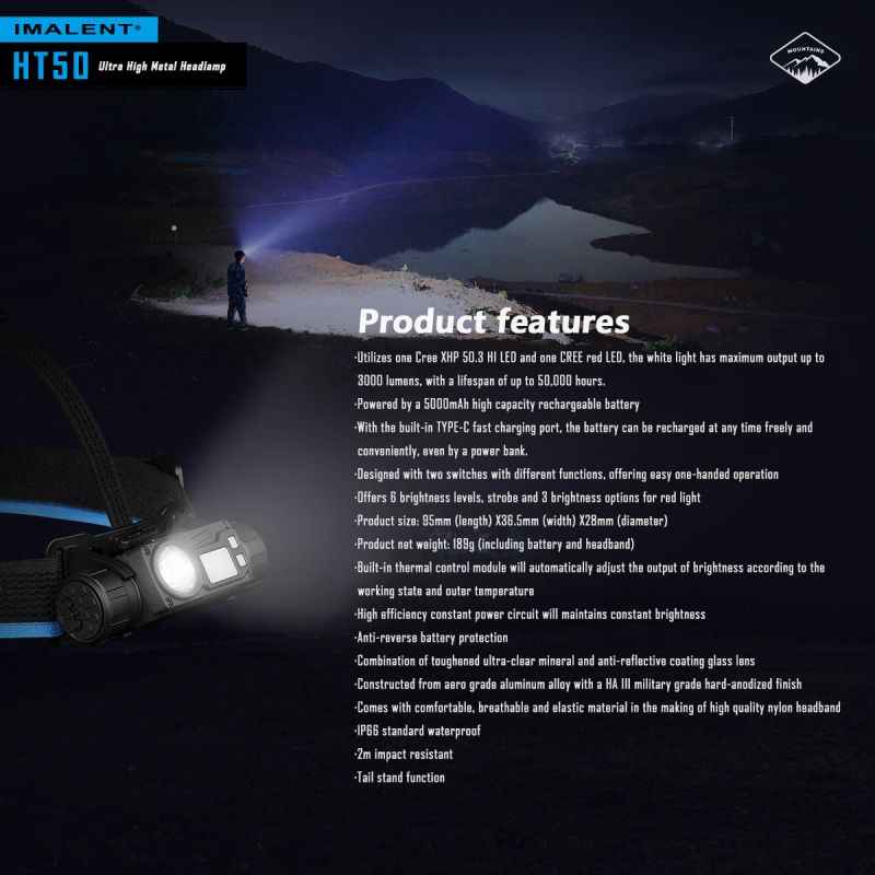 IMALENT HT50 LED-Stirnlampe mit doppelte Lichtquellen wiederaufladbare Stirnlampe für Camping und Outdoor-Abenteuer