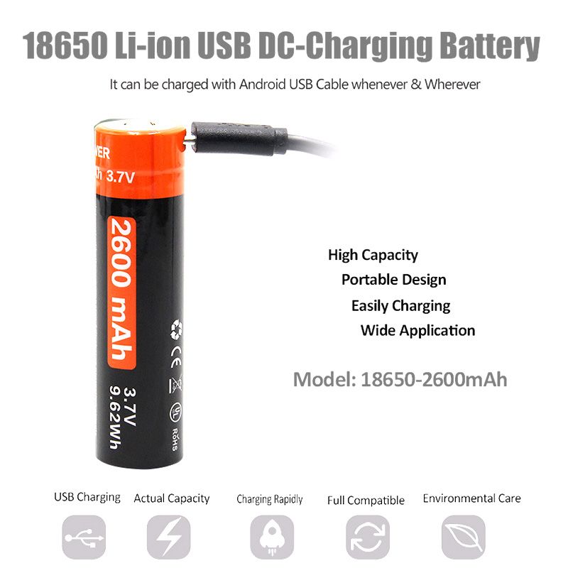 18650 2600mAh Micro USB wiederaufladbare Li-Ion Batterie hohe Energiedichte für Gadgets mit LED Ladeanzeige