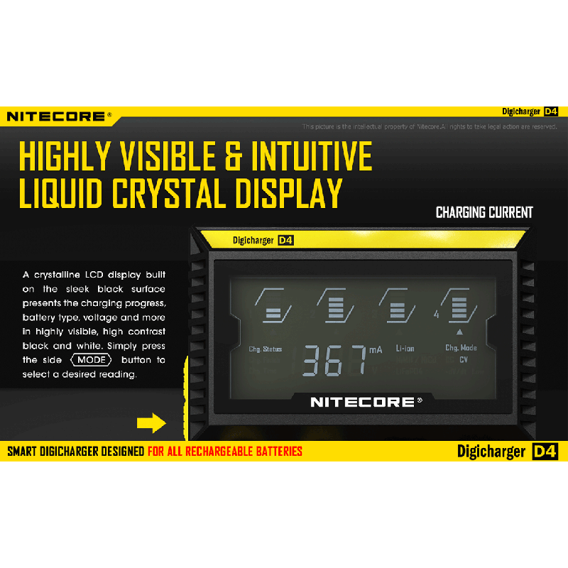 Nitecore D4 Digicharger intelligentes Laden LCD-Anzeige kompatibel mit Li-Ion 18650 14500 Ni-MH Batterien
