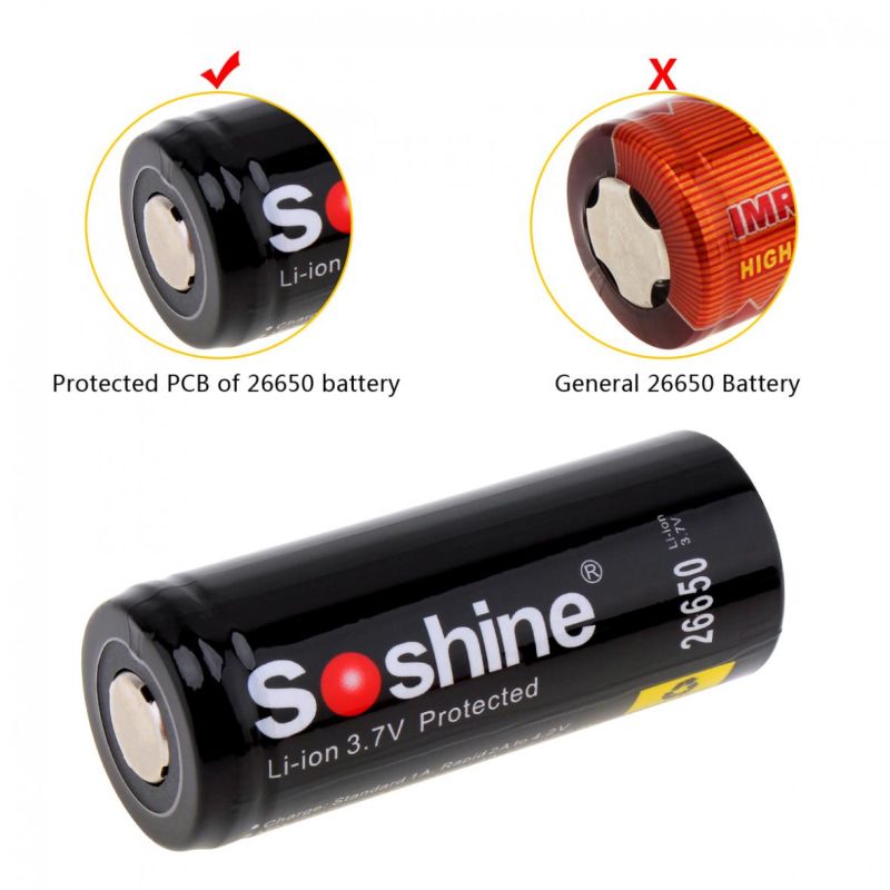 Soshine 26650 5500mAh Li-Ion wiederaufladbare Batterien 2-Pack hohe Leistung langlebig ideal für Taschenlampen
