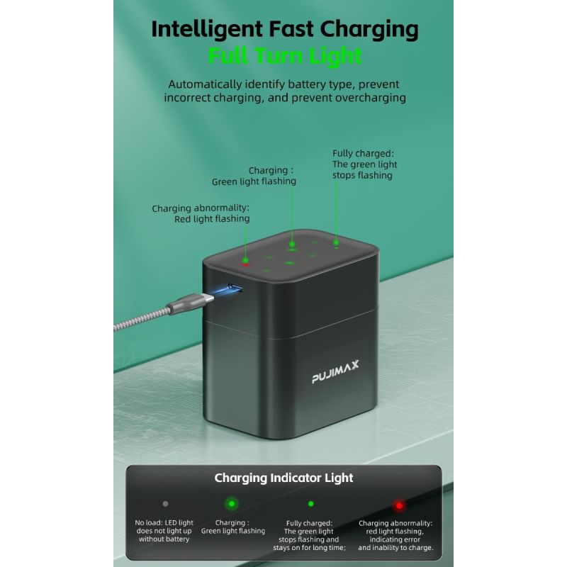 Entdecken Sie das 8-Slot-Ladegerät mit smartem Flip-Top-Fach und Typ-C-Anschluss für AA-Lithium-Batterien