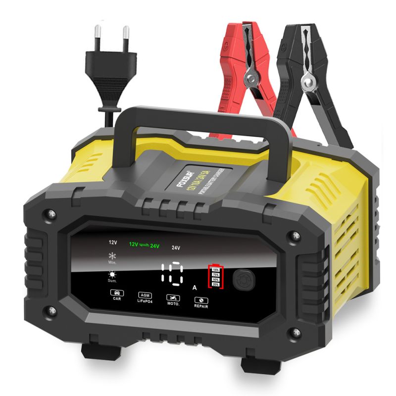 FOXSUR tragbares Autobatterie-Ladegerät 12V 24V für AGM LiFePO4 und Blei-Säure-Batterien mikroprozessorgesteuert