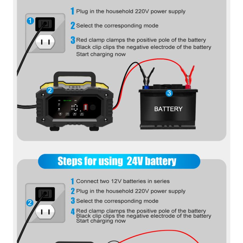 FOXSUR tragbares Autobatterie-Ladegerät 12V 24V für AGM LiFePO4 und Blei-Säure-Batterien mikroprozessorgesteuert