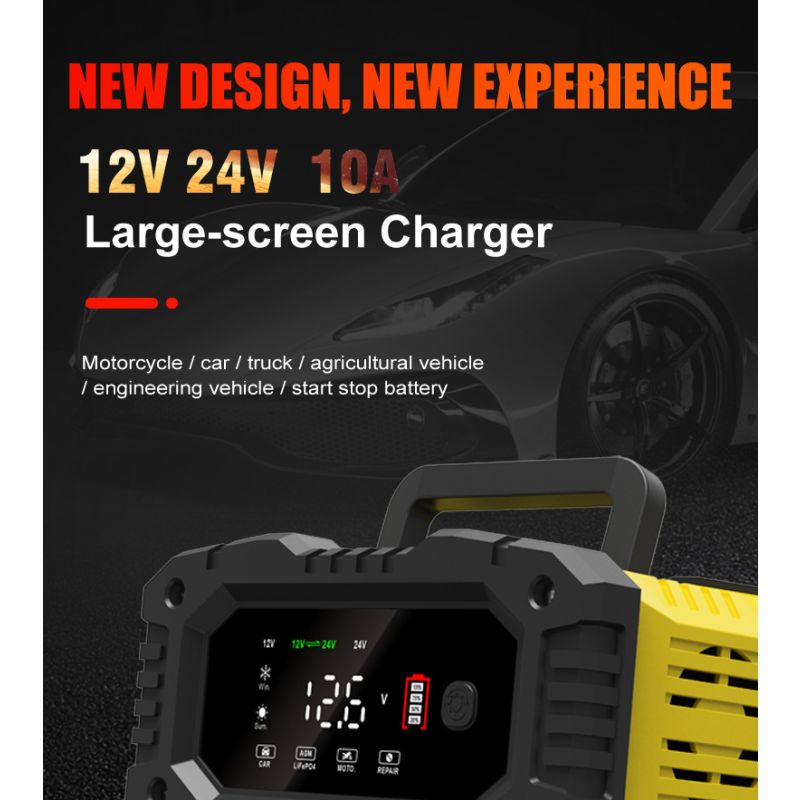 FOXSUR tragbares Autobatterie-Ladegerät 12V 24V für AGM LiFePO4 und Blei-Säure-Batterien mikroprozessorgesteuert