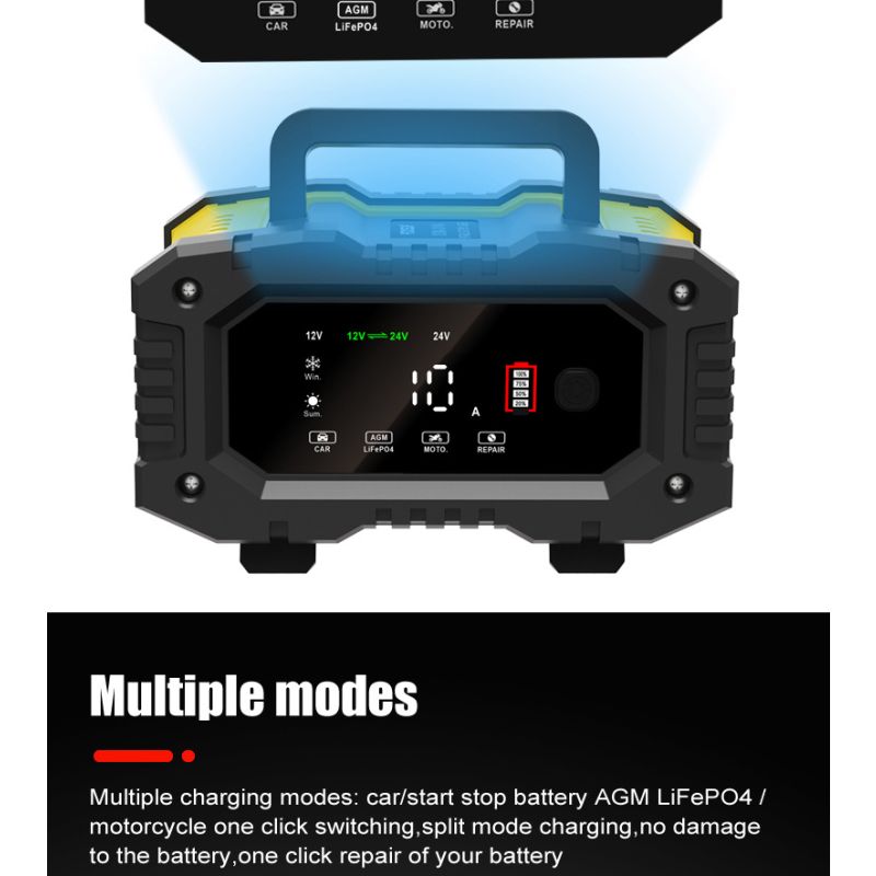 FOXSUR tragbares Autobatterie-Ladegerät 12V 24V für AGM LiFePO4 und Blei-Säure-Batterien mikroprozessorgesteuert