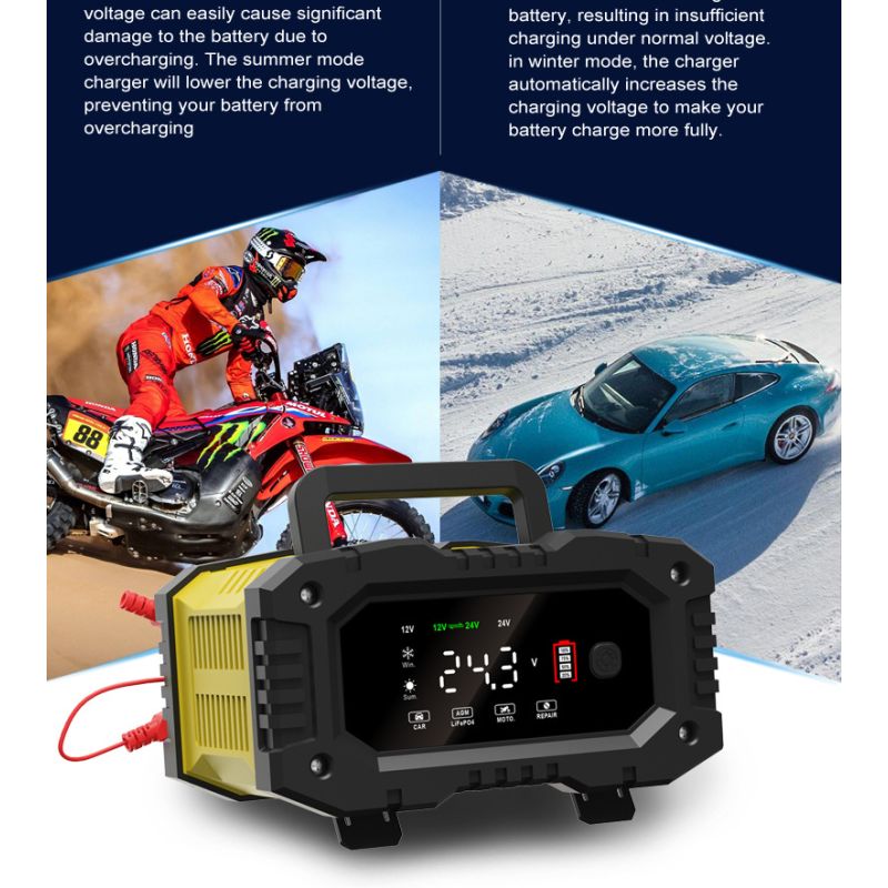 FOXSUR tragbares Autobatterie-Ladegerät 12V 24V für AGM LiFePO4 und Blei-Säure-Batterien mikroprozessorgesteuert