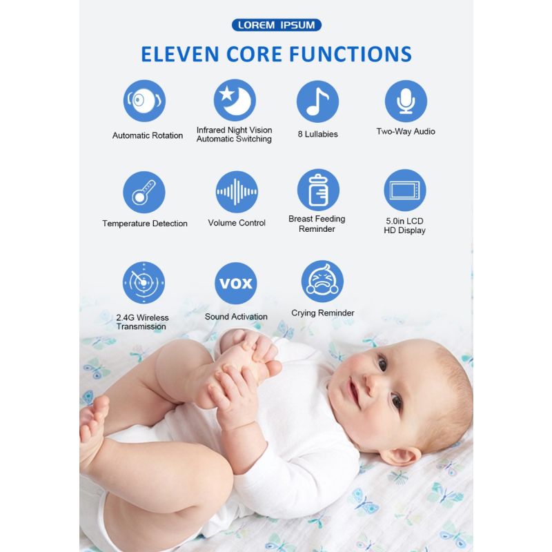 ABM501 Video Baby Monitor 2.4G Wireless 5.0 Zoll LCD mit Nachtsicht Tragbar für Familiensicherheit