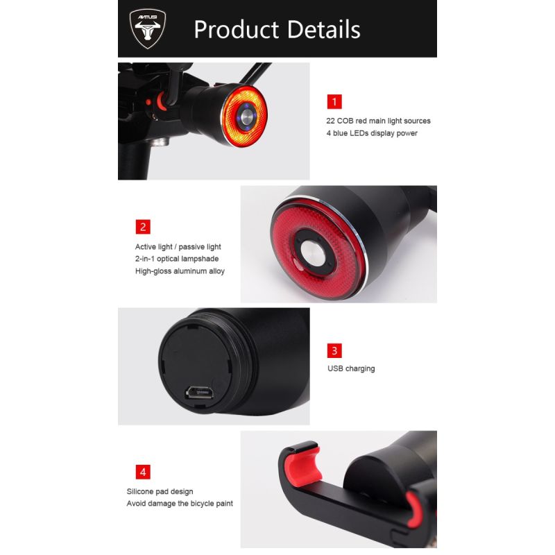 ANTUSI Q5 Smart Fahrrad Rücklicht mit Auto Start Stopp und Bremserkennung IPx6 wasserdicht für Stadtradfahren