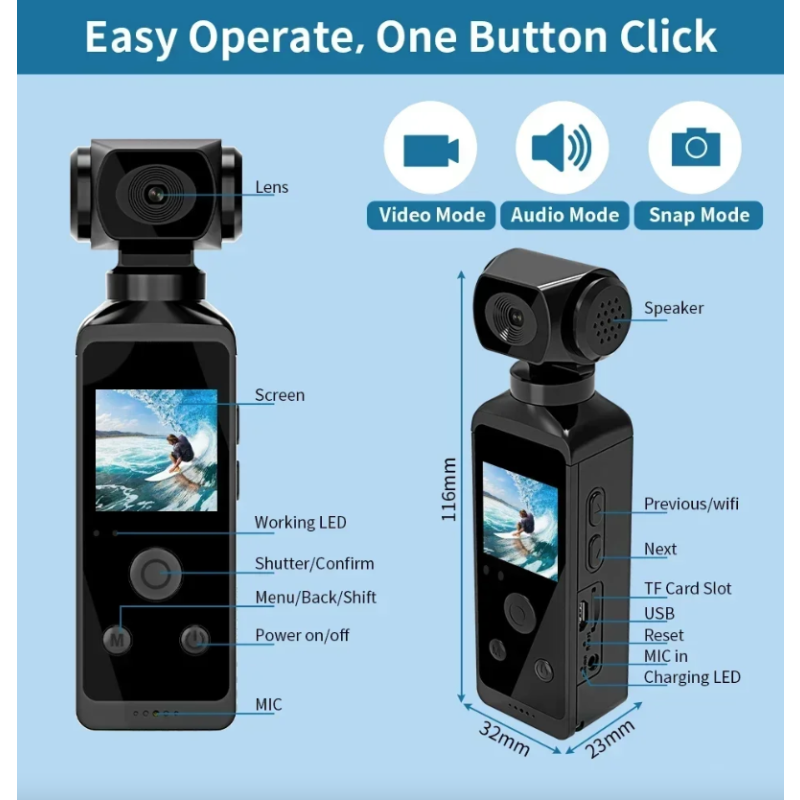 4K Mini Action Kamera - 270° drehbare Vlog, Wi-Fi Outdoor Sport Kamera. Wasserdicht & tragbar! GoPro Alternative.