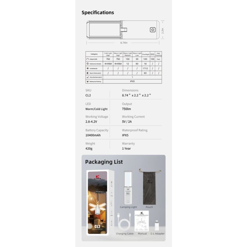 Klarus CL2 750 Lumen Freefolding Campinglicht augenschonende vielseitige Lampe mit 7 Lichtmodi und einstellbarem Winkel