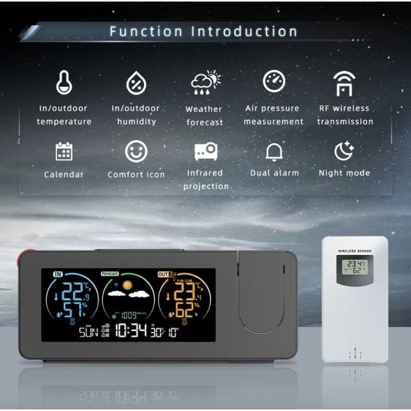 Projektionuhr Wanduhr Digitaler Alarm mit Wettervorhersage und Ewiger Kalender für stilvolles Heimdekor