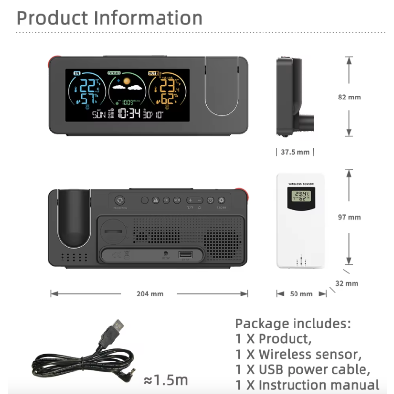 Projektionuhr Wanduhr Digitaler Alarm mit Wettervorhersage und Ewiger Kalender für stilvolles Heimdekor