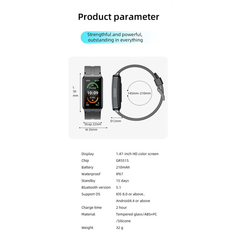EP01 Smartwatch Blutzucker EKG PPG HRV: Herzfrequenz, Temperatur, Fitness-Tracker, wasserdicht für Gesundheit