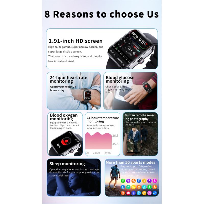 F57L Blutzucker Smartwatch Blutdruck Herzfrequenz Sport Gesundheitsuhr Fitness Tracker Android iOS IP67 Blut Glukose