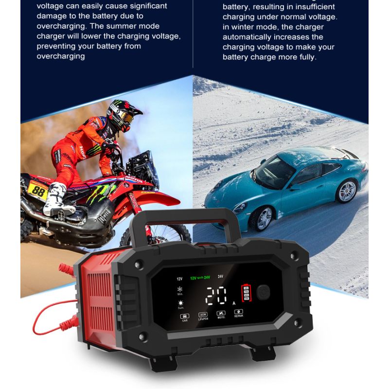 FOXSUR 20A Tragbares Autobatterieladegerät 12V 24V AGM LiFePO4 mit CPU 7-Stufige Ladefunktion Zuverlässige Leistung