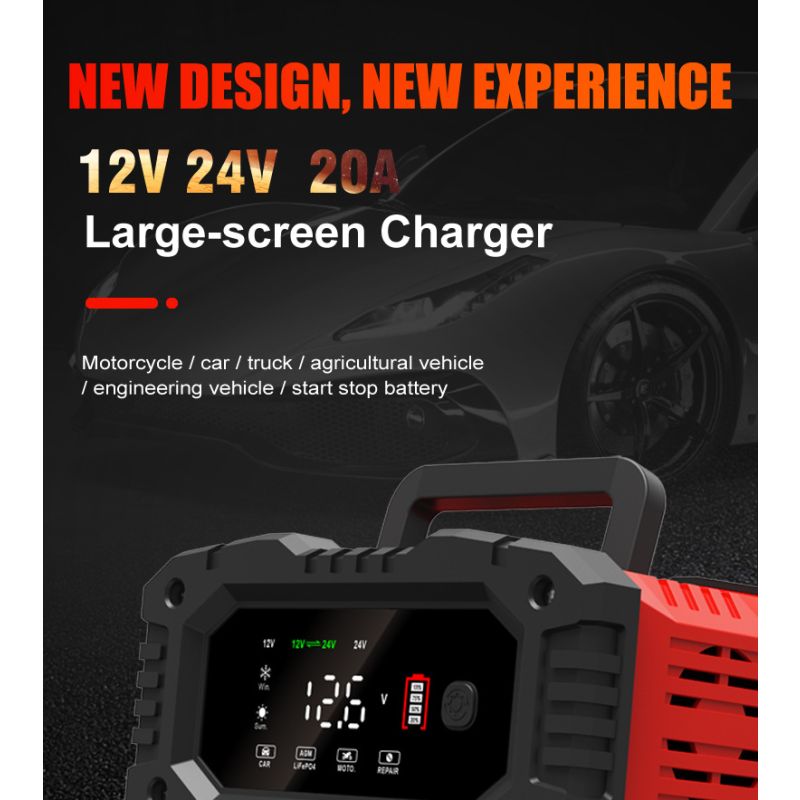 FOXSUR 20A Tragbares Autobatterieladegerät 12V 24V AGM LiFePO4 mit CPU 7-Stufige Ladefunktion Zuverlässige Leistung