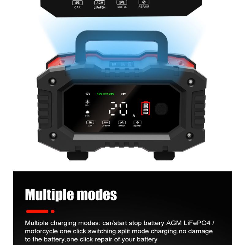 FOXSUR 20A Tragbares Autobatterieladegerät 12V 24V AGM LiFePO4 mit CPU 7-Stufige Ladefunktion Zuverlässige Leistung