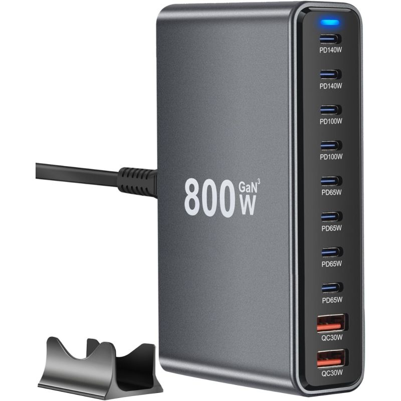 800W USB C GaN III Pro 10 Port USB Ladestation - Dual 140W PD für MacBook/iPhone 16. Schnell!